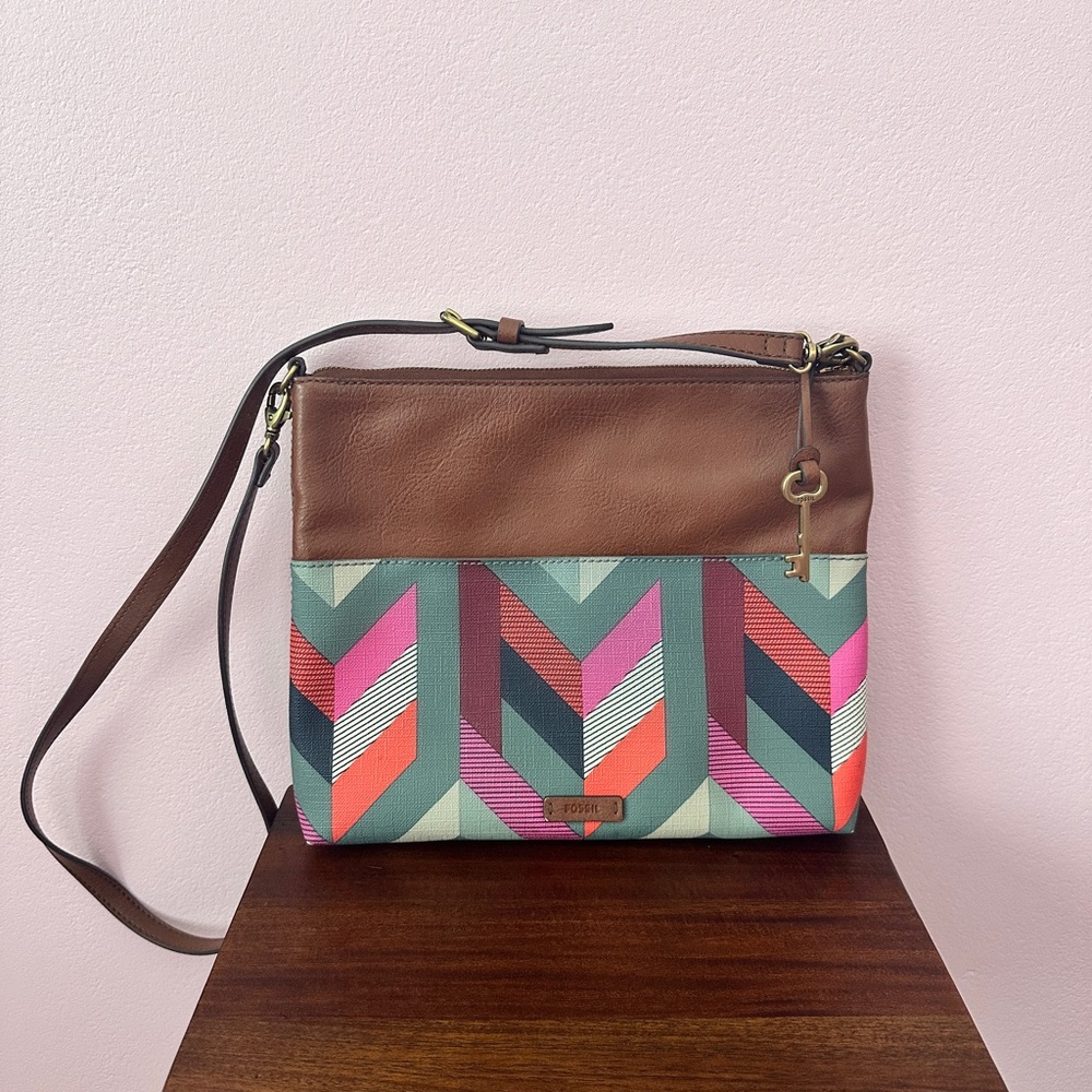 Fossil Brown Leather Crossbody with Multicolor Chevron Panel